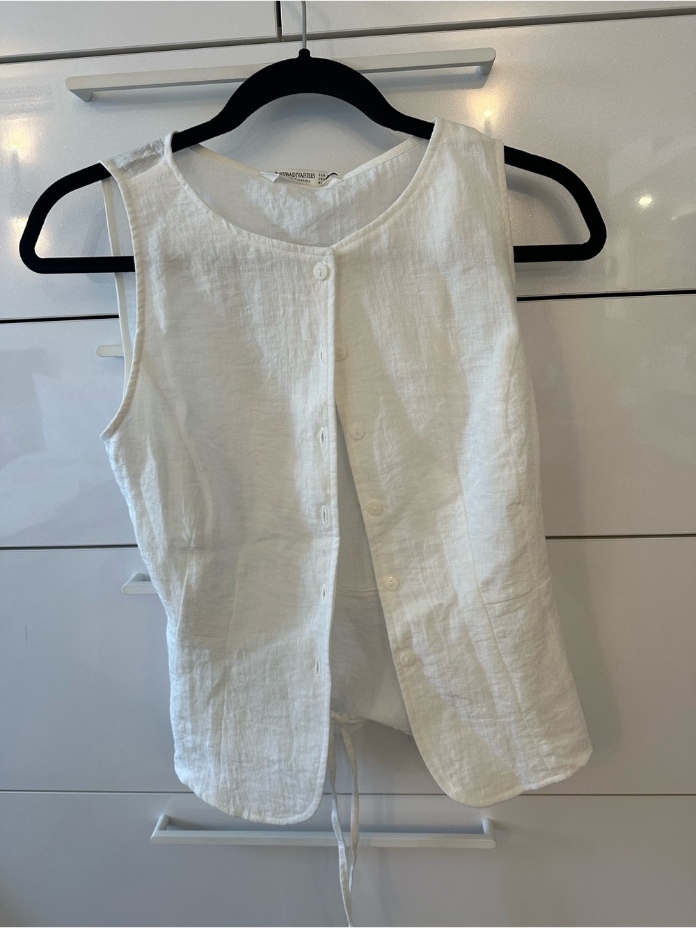 stradivarius White Linen Button-Front Sleeveless Top